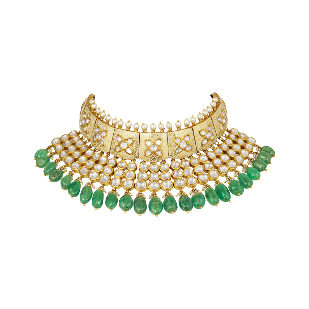 Ivory Enamel Polki Necklace with Pearls and Emerald Drop
